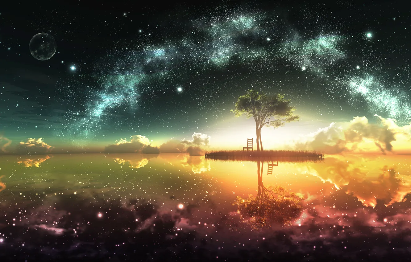 Photo wallpaper the sky, the sun, stars, clouds, trees, reflection, earth, the moon