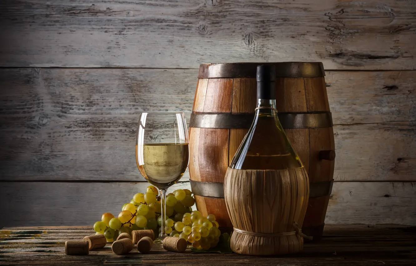 Photo wallpaper wine, white, glass, bottle, grapes, tube, bunches, barrel