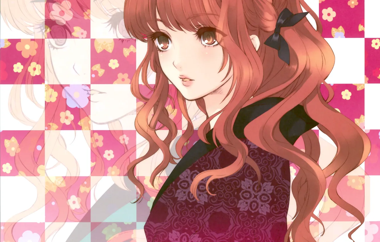 Photo wallpaper eyes, girl, flowers, pattern, brown hair, kimono
