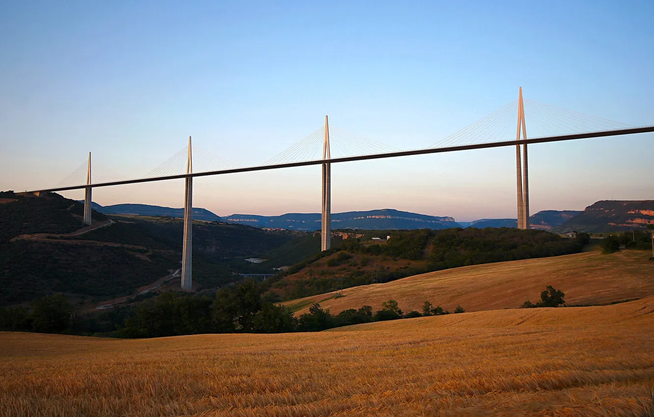 Photo wallpaper field, the sky, mountains, bridge, France, viaduct