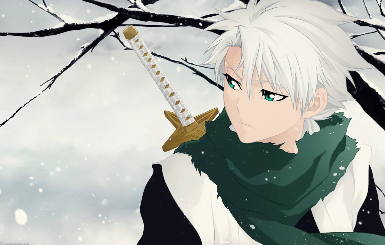 Photo wallpaper wallpaper, sword, game, Bleach, green eyes, anime, chibi, Snow