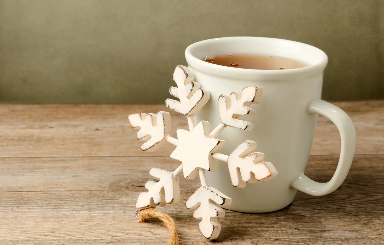 Photo wallpaper table, tea, toy, Cup, white, the scenery, wooden, snowflake