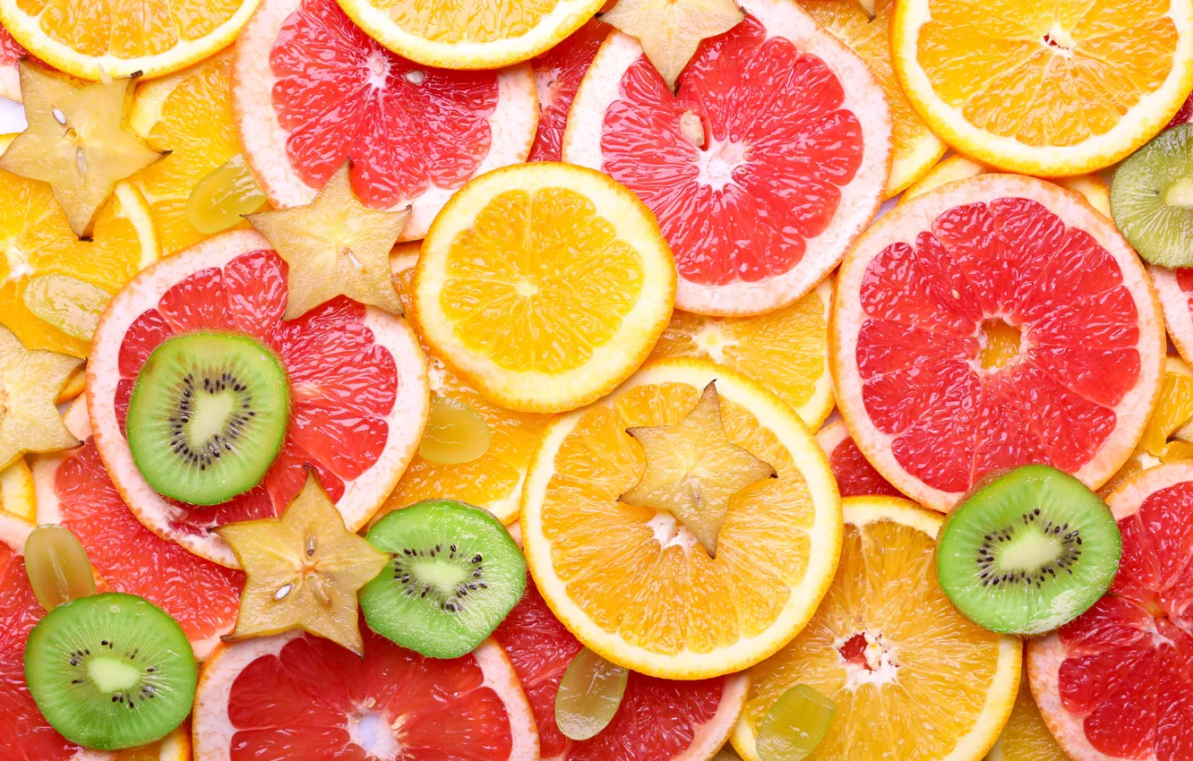 Photo wallpaper orange, texture, kiwi, grapes, fruit, citrus, slices, fruit