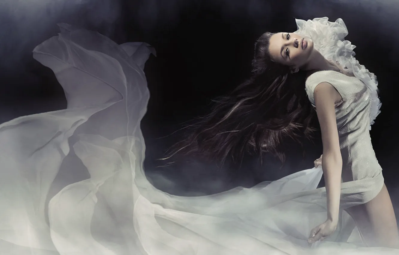 Photo wallpaper girl, model, brunette, white dress, long hair