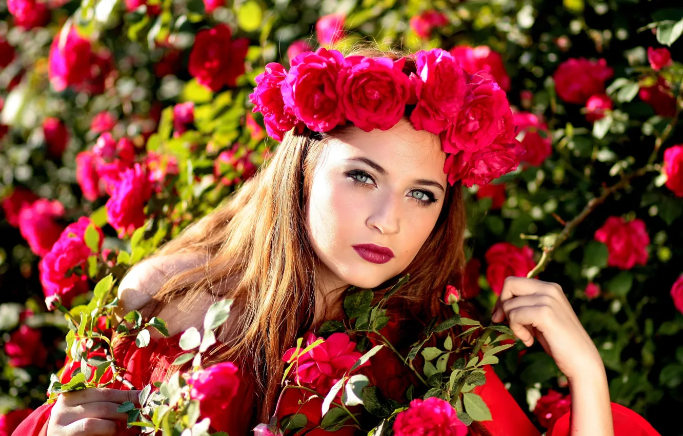 Photo wallpaper look, girl, roses, wreath
