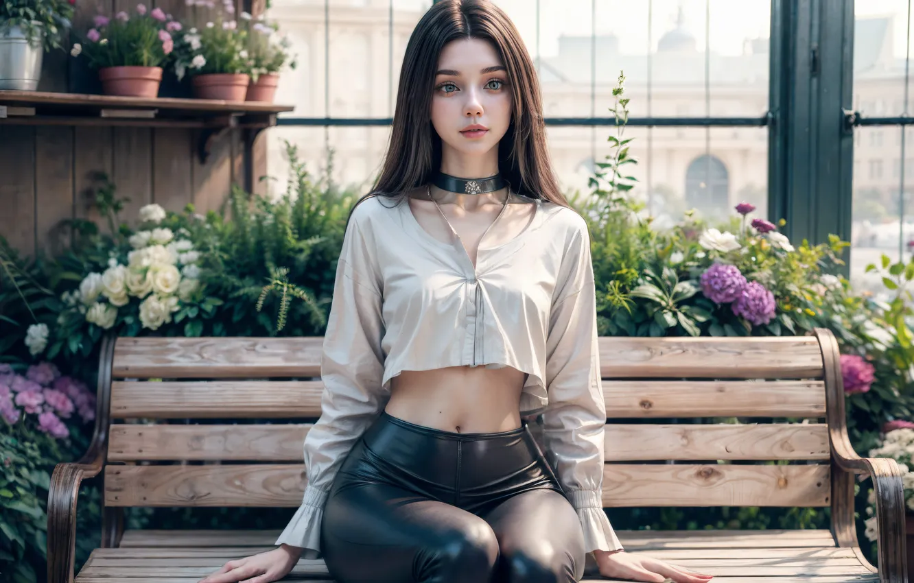 Photo wallpaper girl, flowers, bench