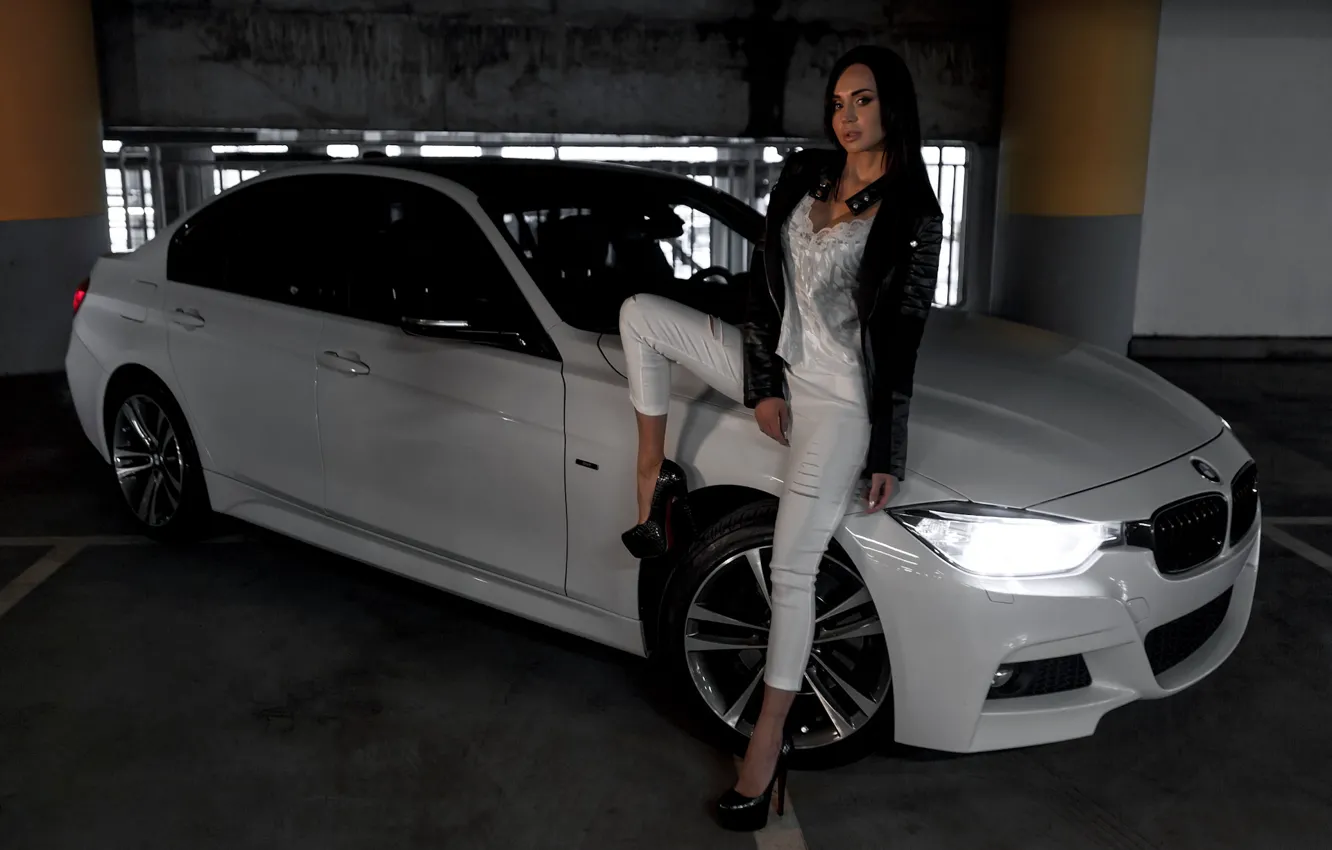 Photo wallpaper look, girl, BMW, beautiful girl, Valeria, white car, posing on the car