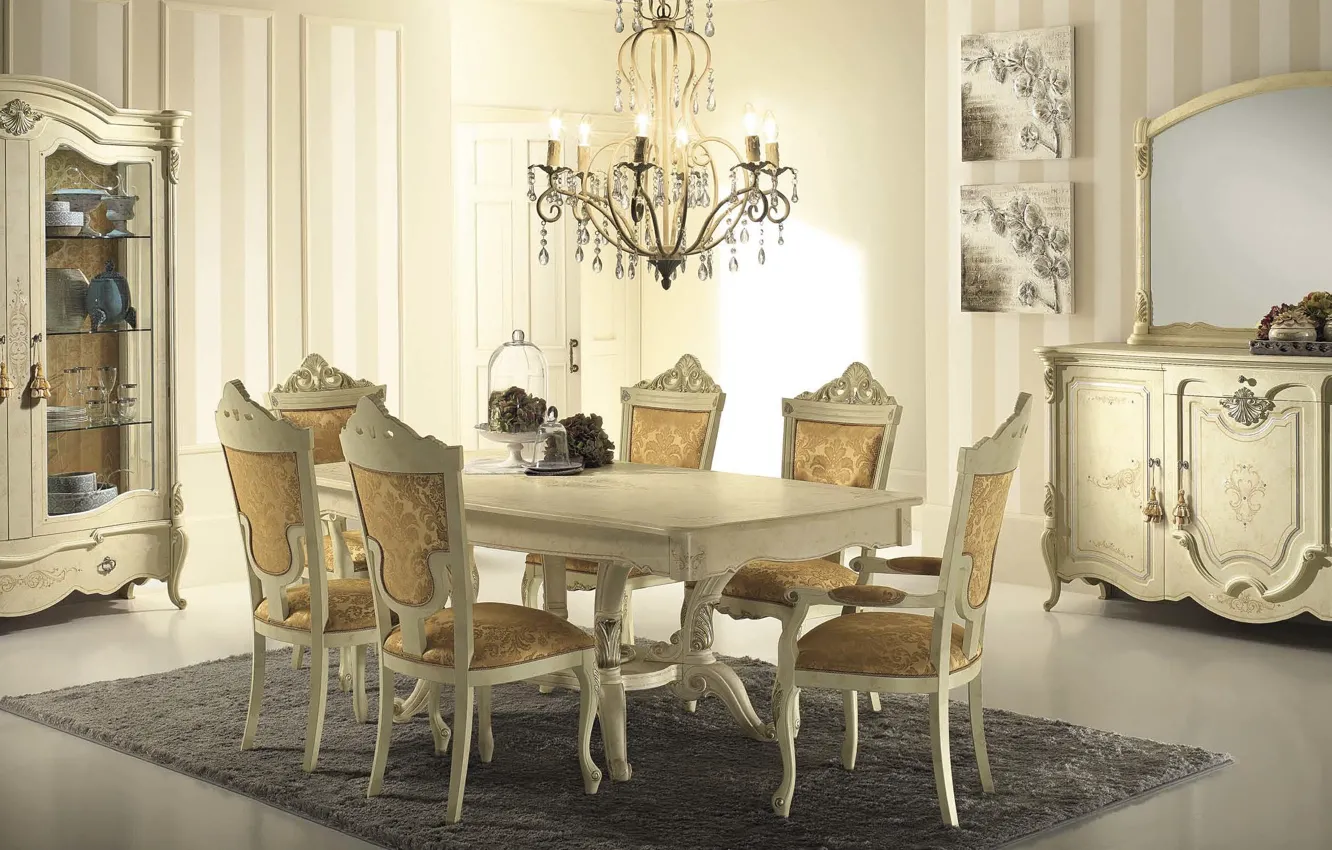 Photo wallpaper table, room, chairs, interior, chandelier, dining room