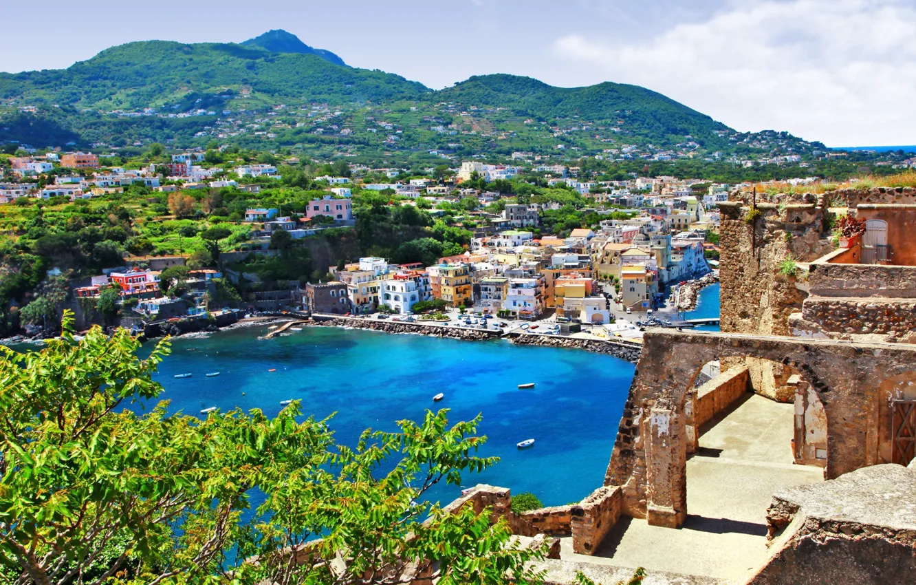 Photo wallpaper sea, mountains, home, Italy, Aragonese castle, Ischia