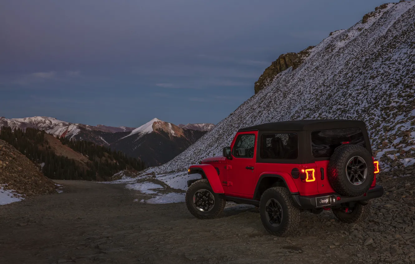 Photo wallpaper snow, red, 2018, Jeep, mountain pass, Wrangler Rubicon