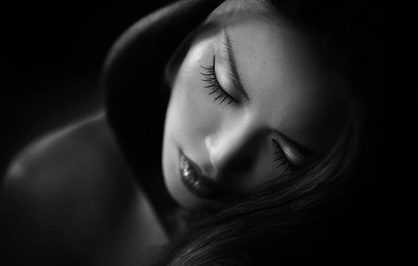 Photo wallpaper girl, horn, Horn, Joachim Bergauer, BW portrait