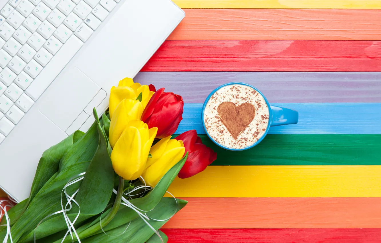 Photo wallpaper Board, coffee, mug, tulips, keyboard, drink, colorful