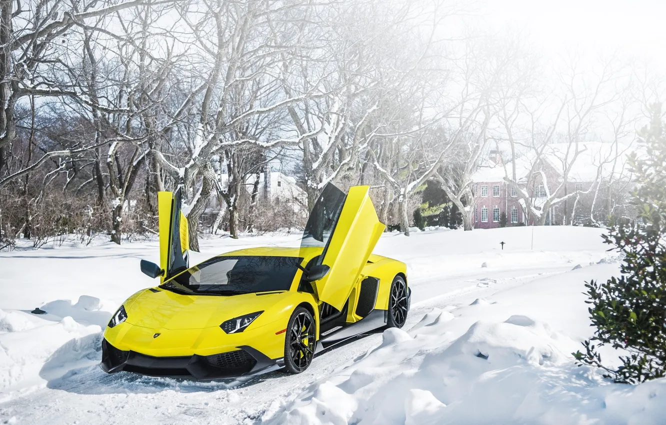 Photo wallpaper Lamborghini, Snow, Lamborghini, Door, Snow, Yellow, Aventador, Aventador
