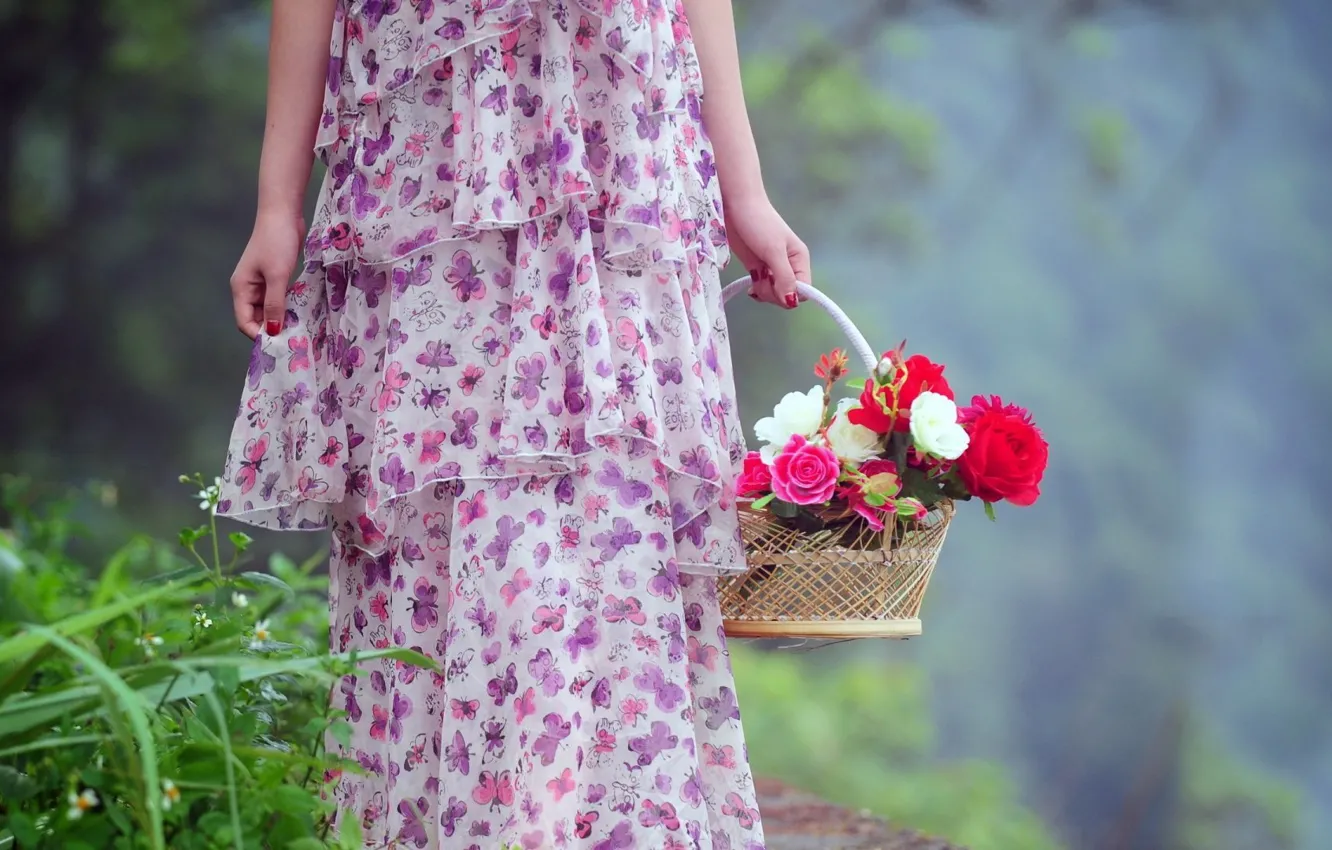 Photo wallpaper dress, nature, flowers, mood, women, spring
