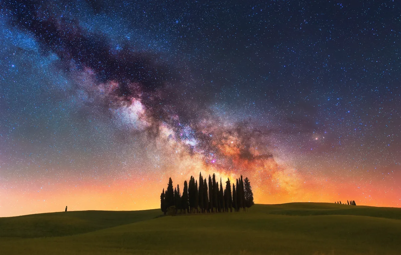 Photo wallpaper the sky, stars, trees, night, field, Italy, the milky way, cypress