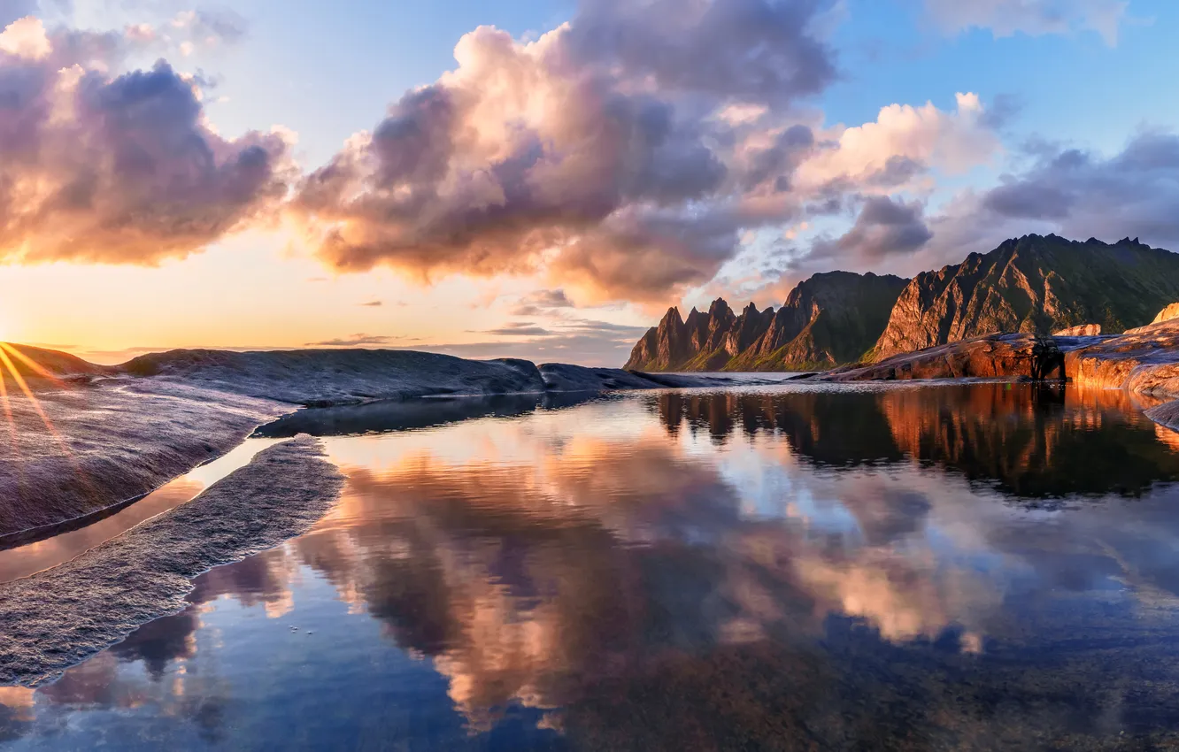 Photo wallpaper the sun, clouds, landscape, mountains, lake, Norway, Senja