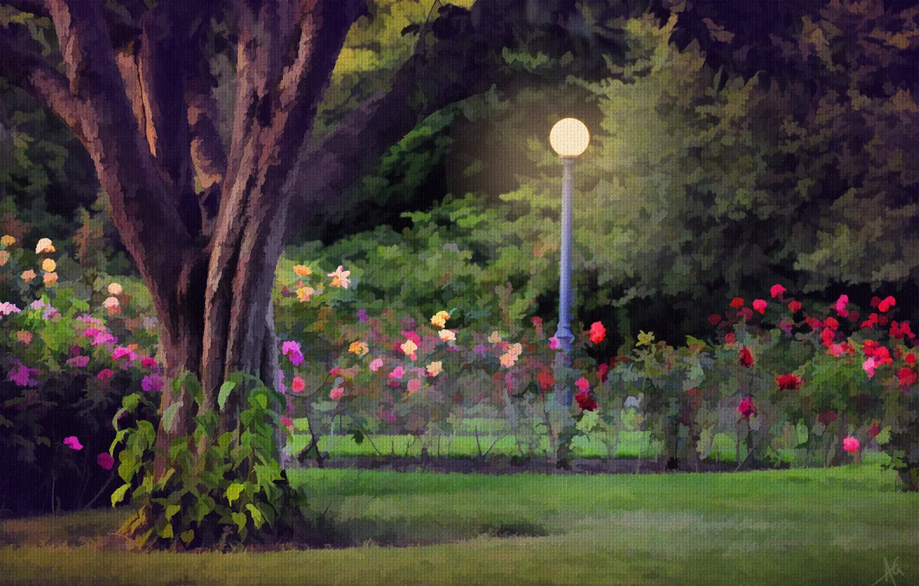 Photo wallpaper landscape, flowers, Park, tree, lantern, flowerbed