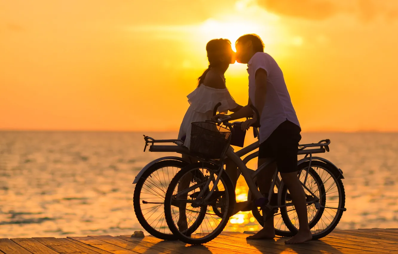 Photo wallpaper love, sunset, bike, kiss, pair