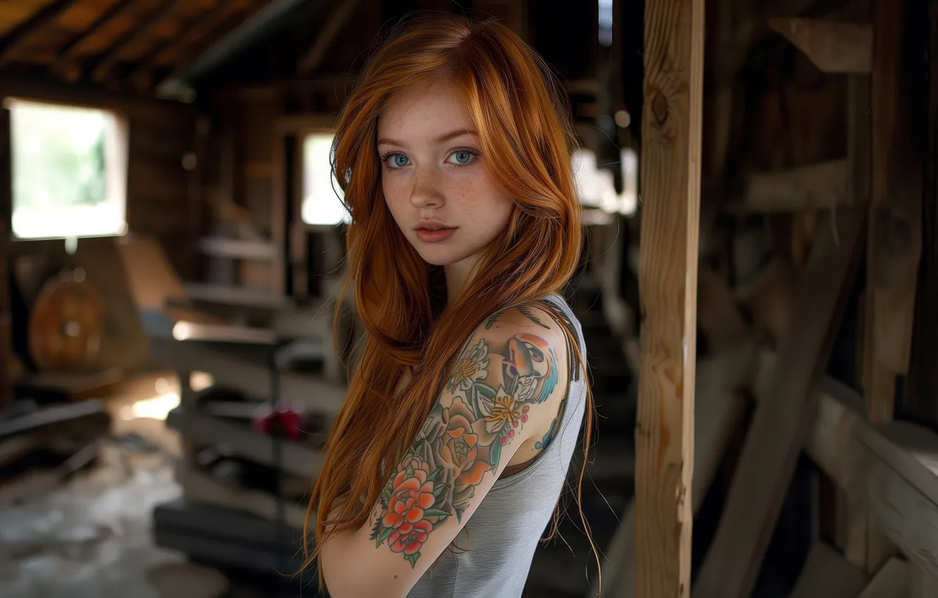 Photo wallpaper girl, redhead, tatto, AI Art