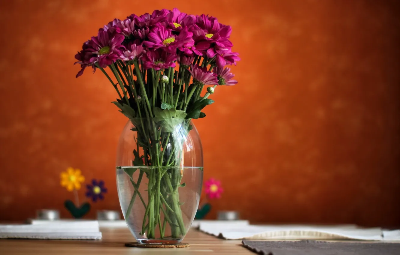 Photo wallpaper water, flowers, background, blur, vase, pink