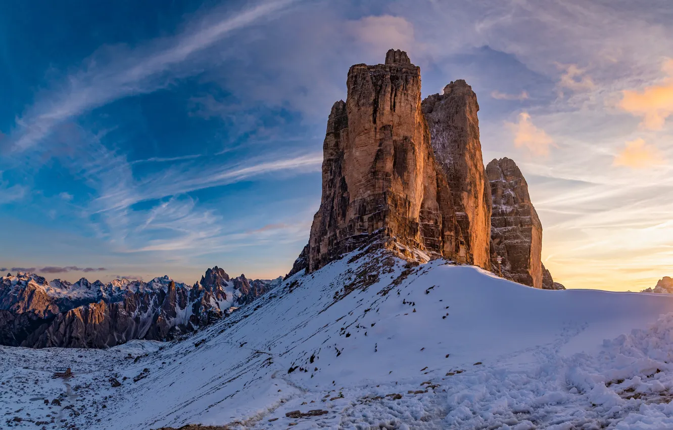 Photo wallpaper winter, the sky, the sun, snow, sunset, mountains, rocks, Italy