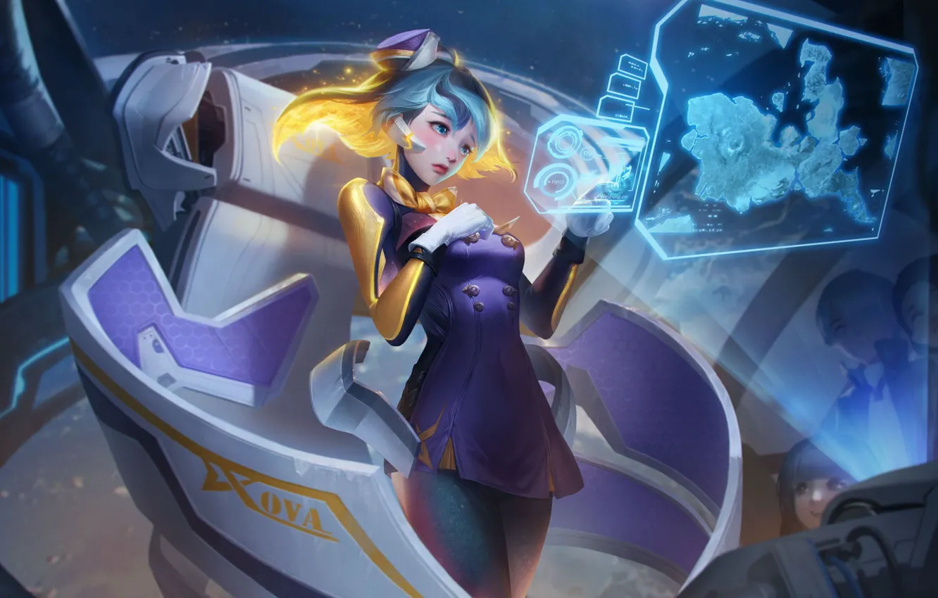 Photo wallpaper map, technology, arena, display, beautiful girl, mob, online, short dress