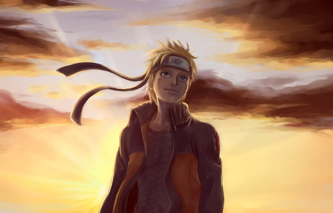 Photo wallpaper clouds, sunset, art, guy, Naruto, bandana