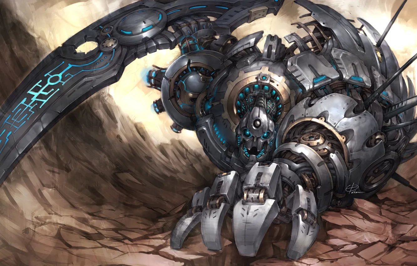 Photo wallpaper metal, stones, pattern, mechanism, robot, art