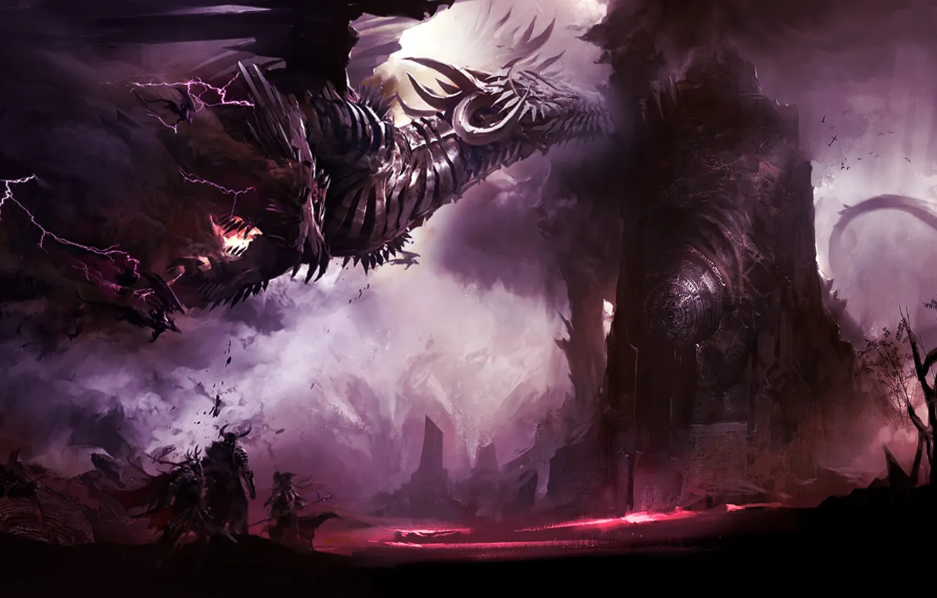 Photo wallpaper lightning, dragon, people, tower, fortress, Guild Wars 2, dragon