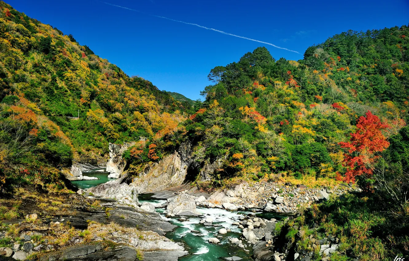 Photo wallpaper road, greens, the sky, mountains, traces, river, stones, hills