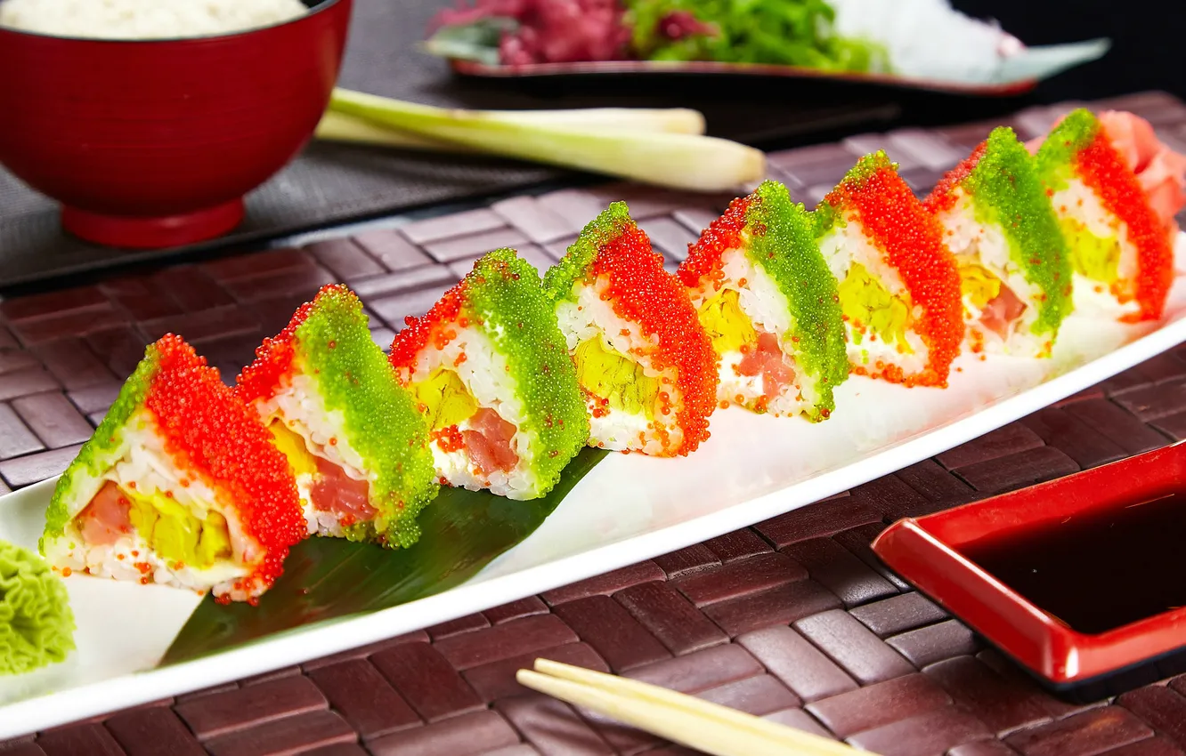 Photo wallpaper sauce, caviar, sushi, rolls, wasabi, filling