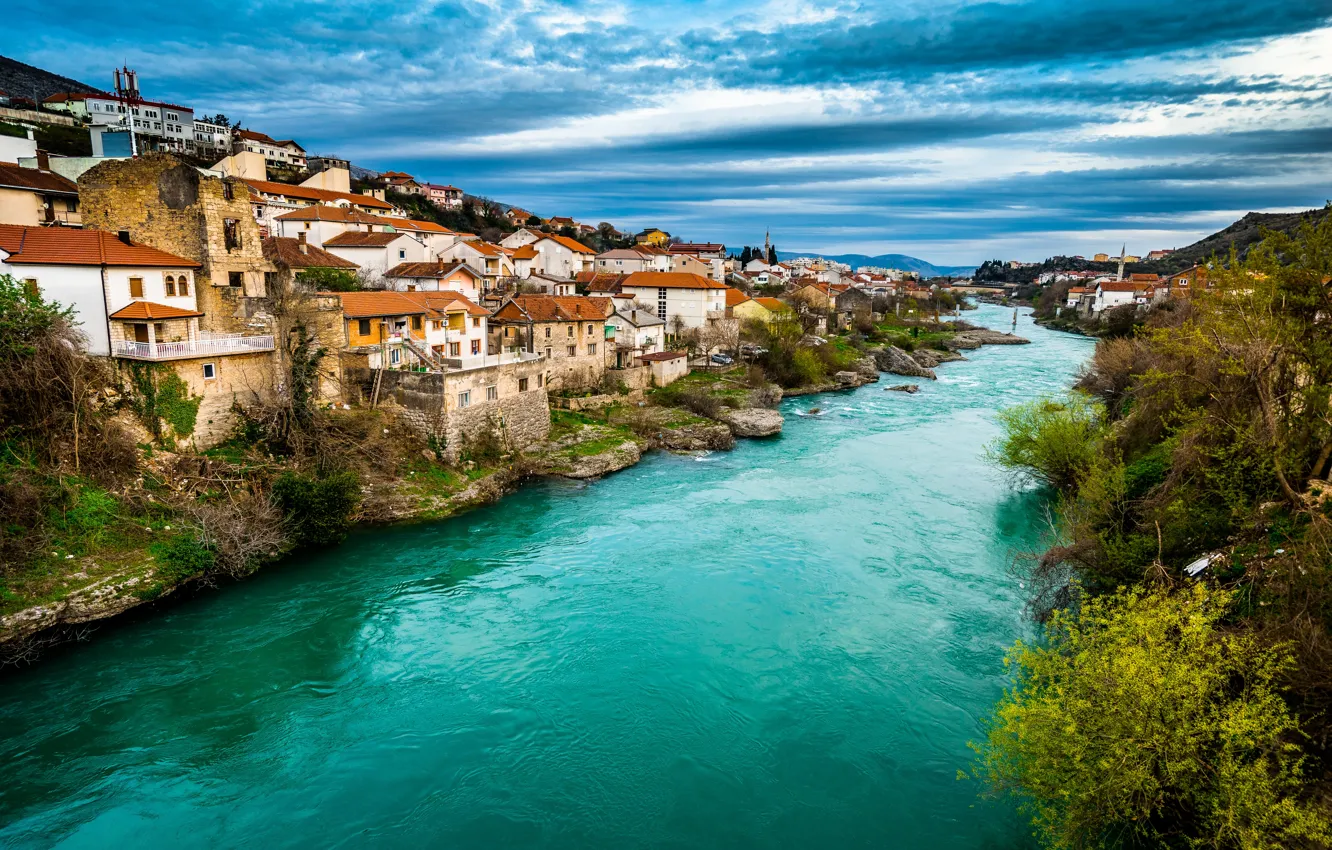 Photo wallpaper landscape, the city, river, home, Bank, Bosnia and Herzegovina, Mostar, Neretva