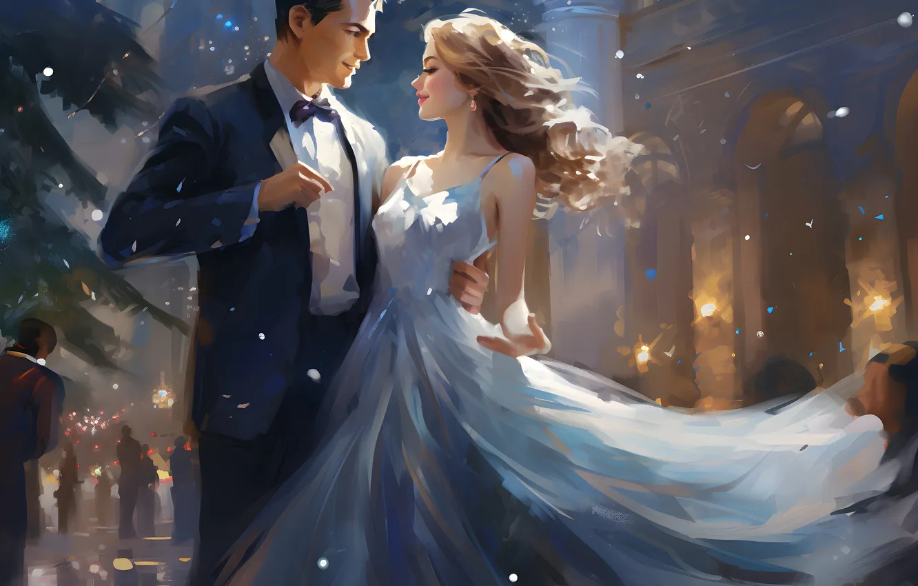 Photo wallpaper girl, people, tree, dance, dress, guy, two, digital art