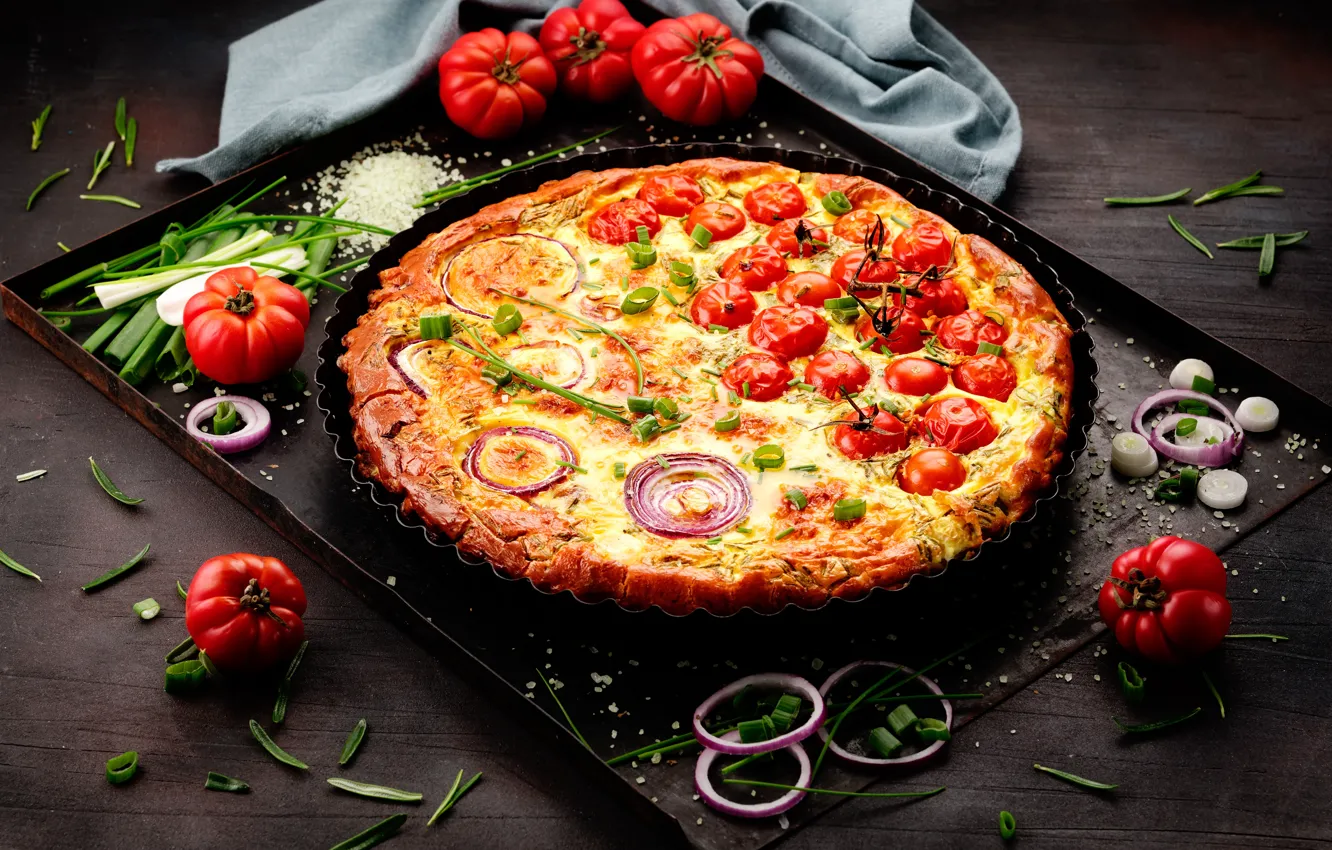 Photo wallpaper bow, pizza, tomatoes, fast food