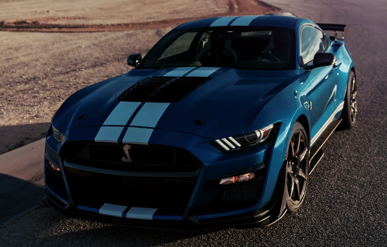Photo wallpaper asphalt, blue, Mustang, Ford, Shelby, GT500, 2019