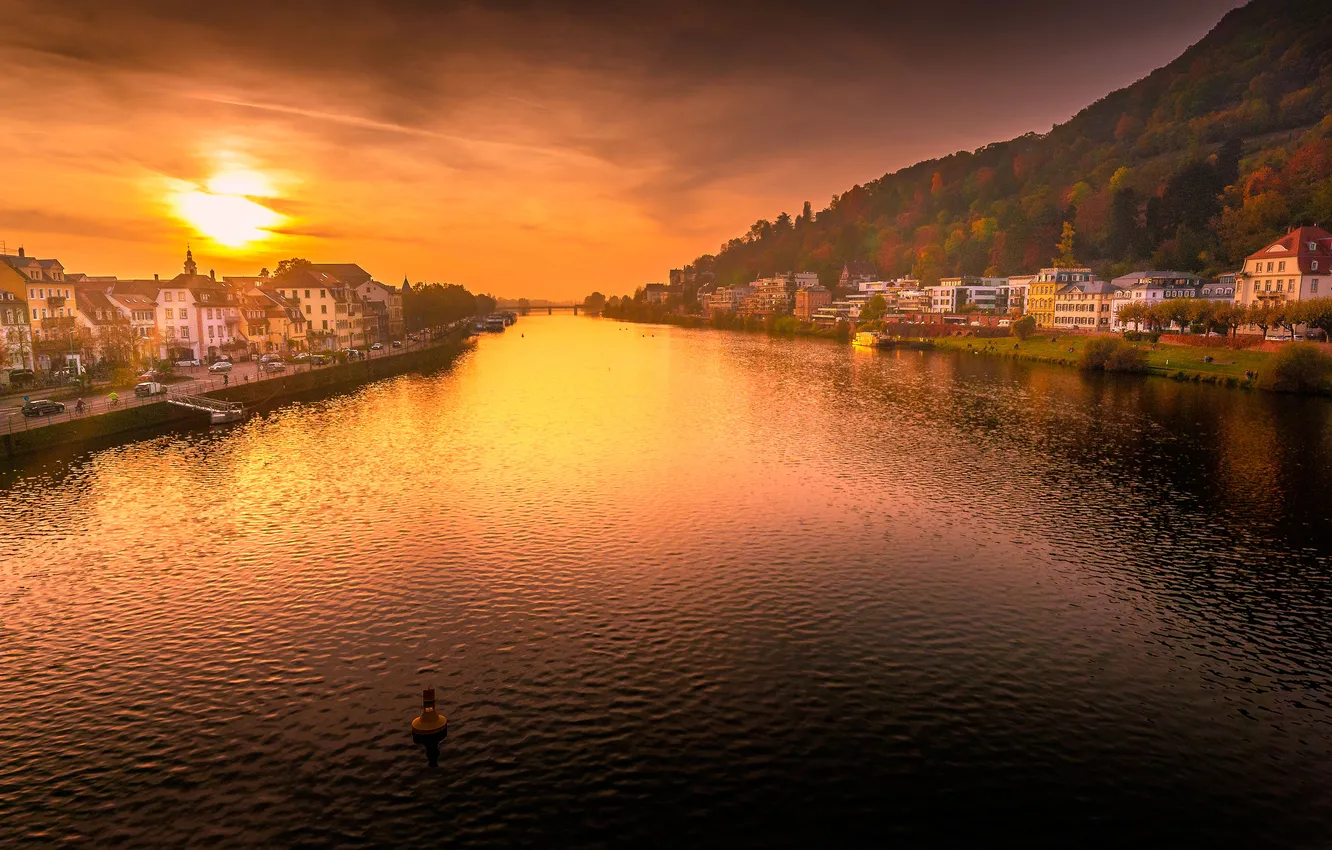 Photo wallpaper forest, sunset, mountains, the city, river, shore, home, Germany