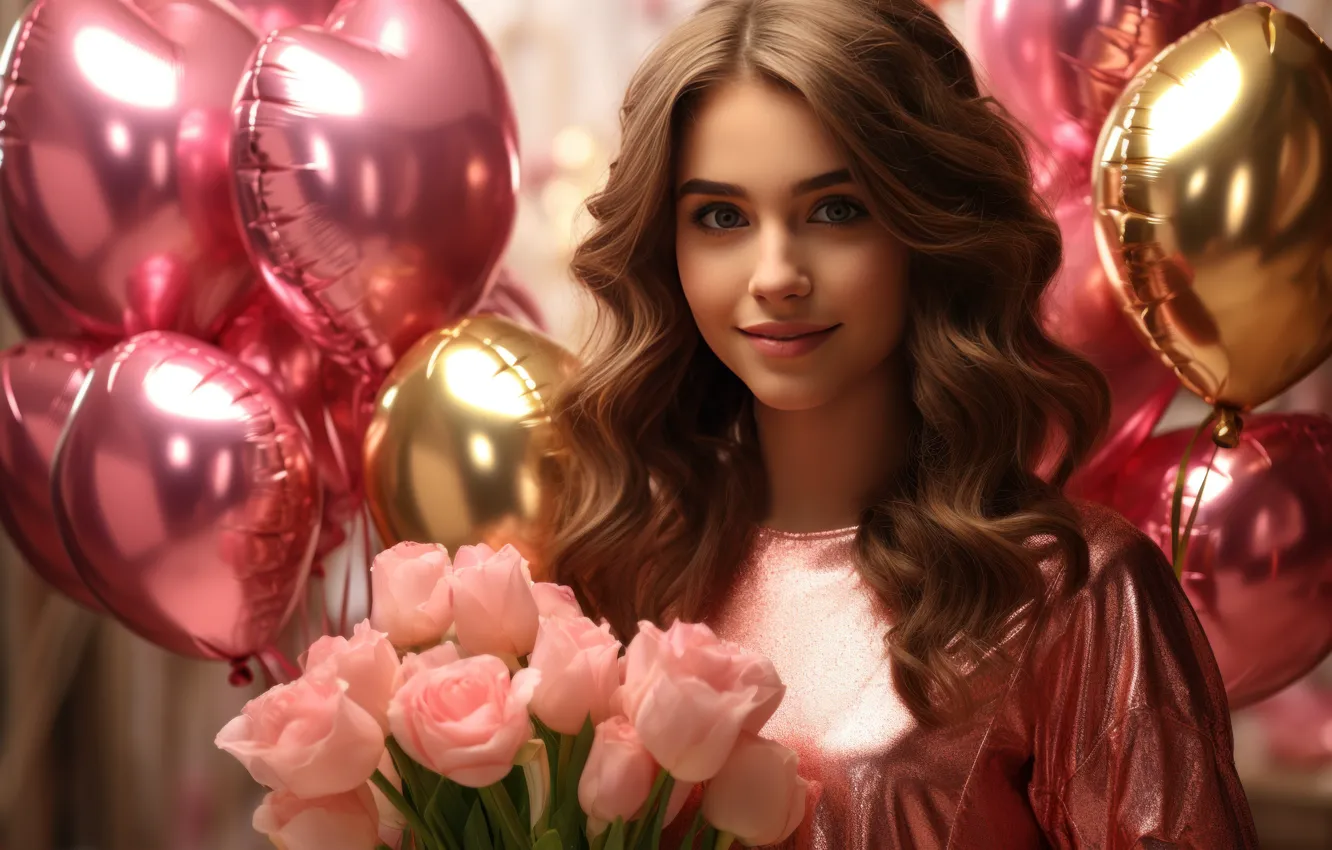 Photo wallpaper look, girl, flowers, balloons, portrait, brown hair, curls, AI art