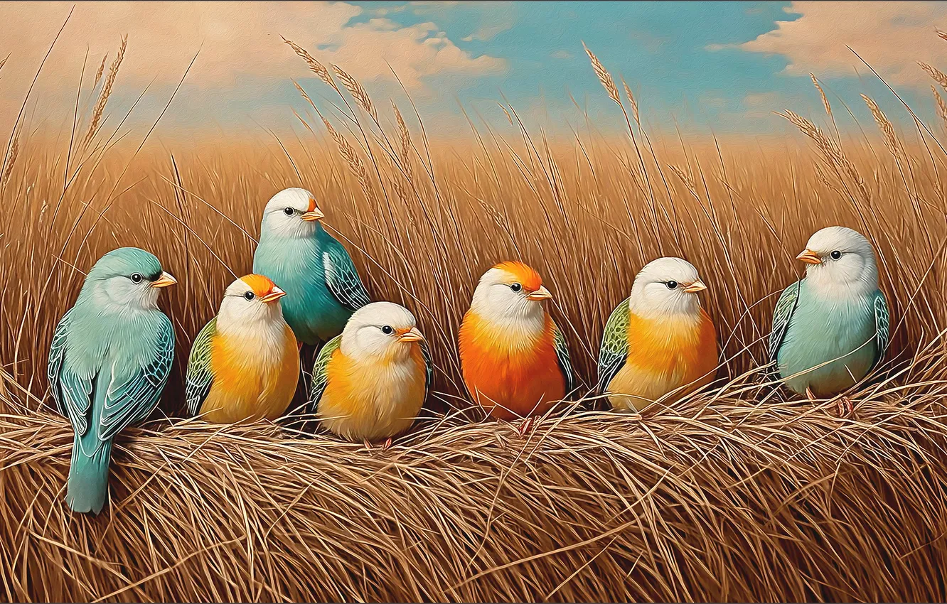 Photo wallpaper field, look, pose, bird, ears, painting, flock, imitation painting
