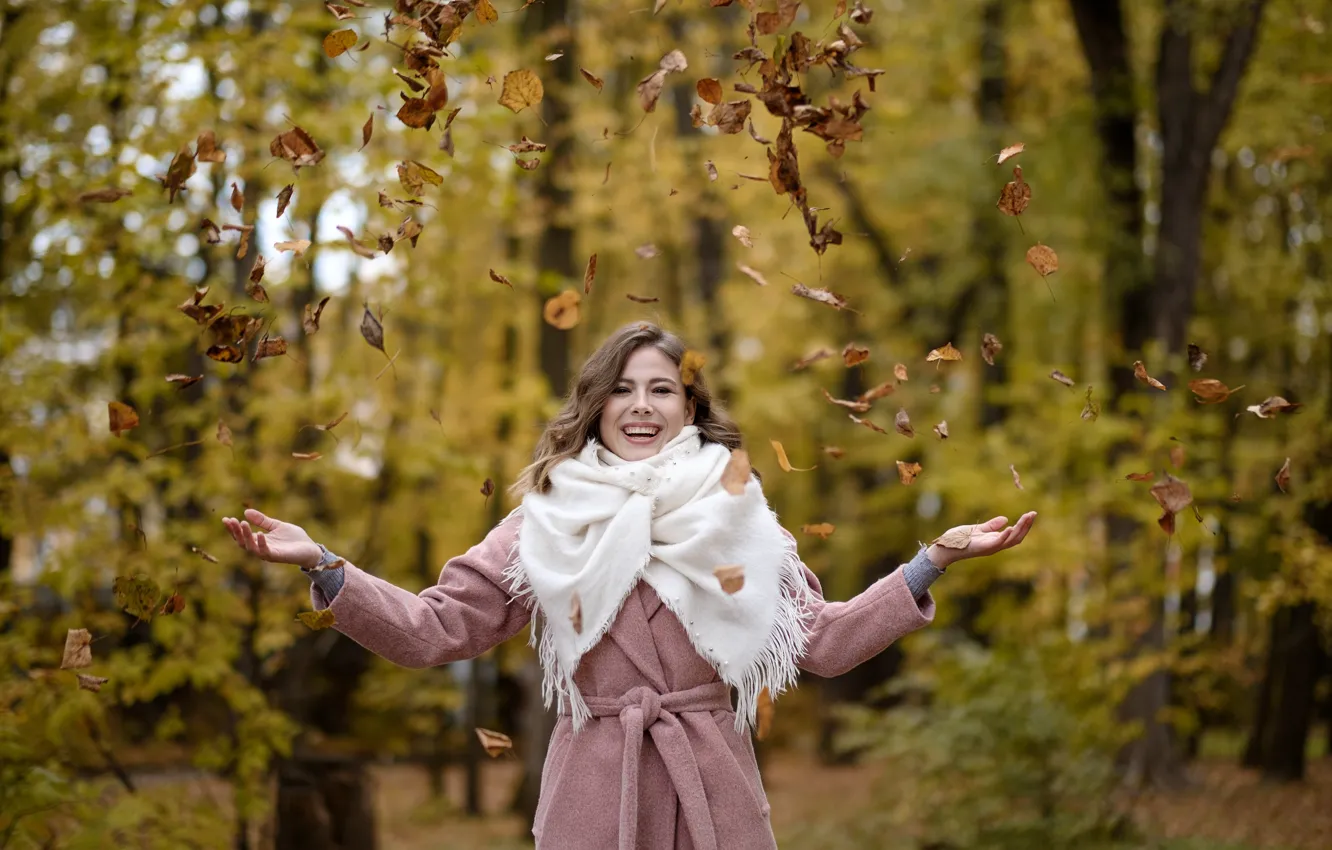 Photo wallpaper autumn, forest, leaves, smile, Alina, coat, bokeh, Kirill Sokolov
