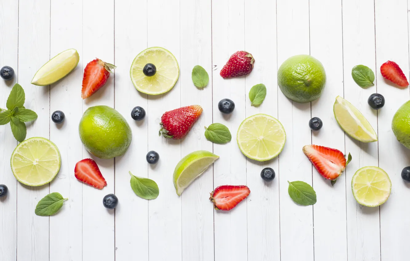 Photo wallpaper white, berries, background, strawberry, lime, citrus, fruit, composition