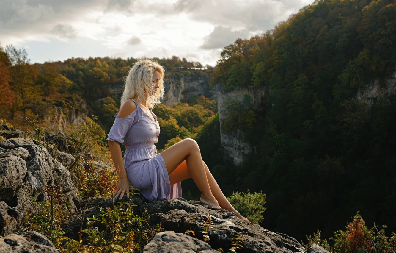 Photo wallpaper girl, mountains, pose, rocks, dress, blonde, legs, Mikhail Pershin