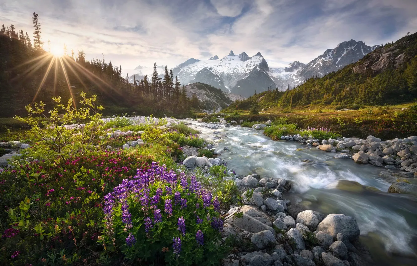 Photo wallpaper Canada, river, clouds, mountain, sun, British Colombia