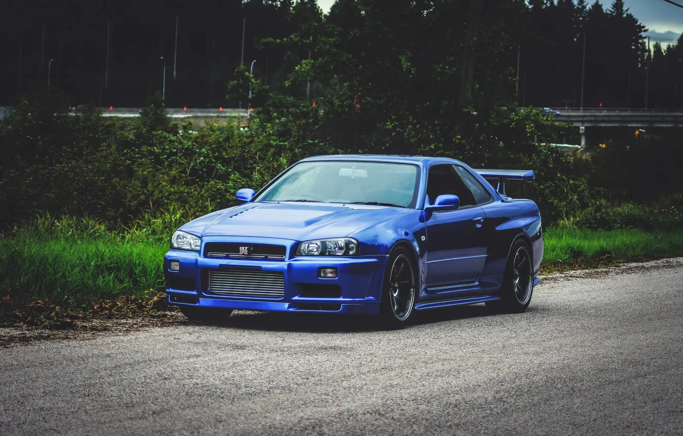 Photo wallpaper Nissan, Blue, Skyline, Road, GT-R34