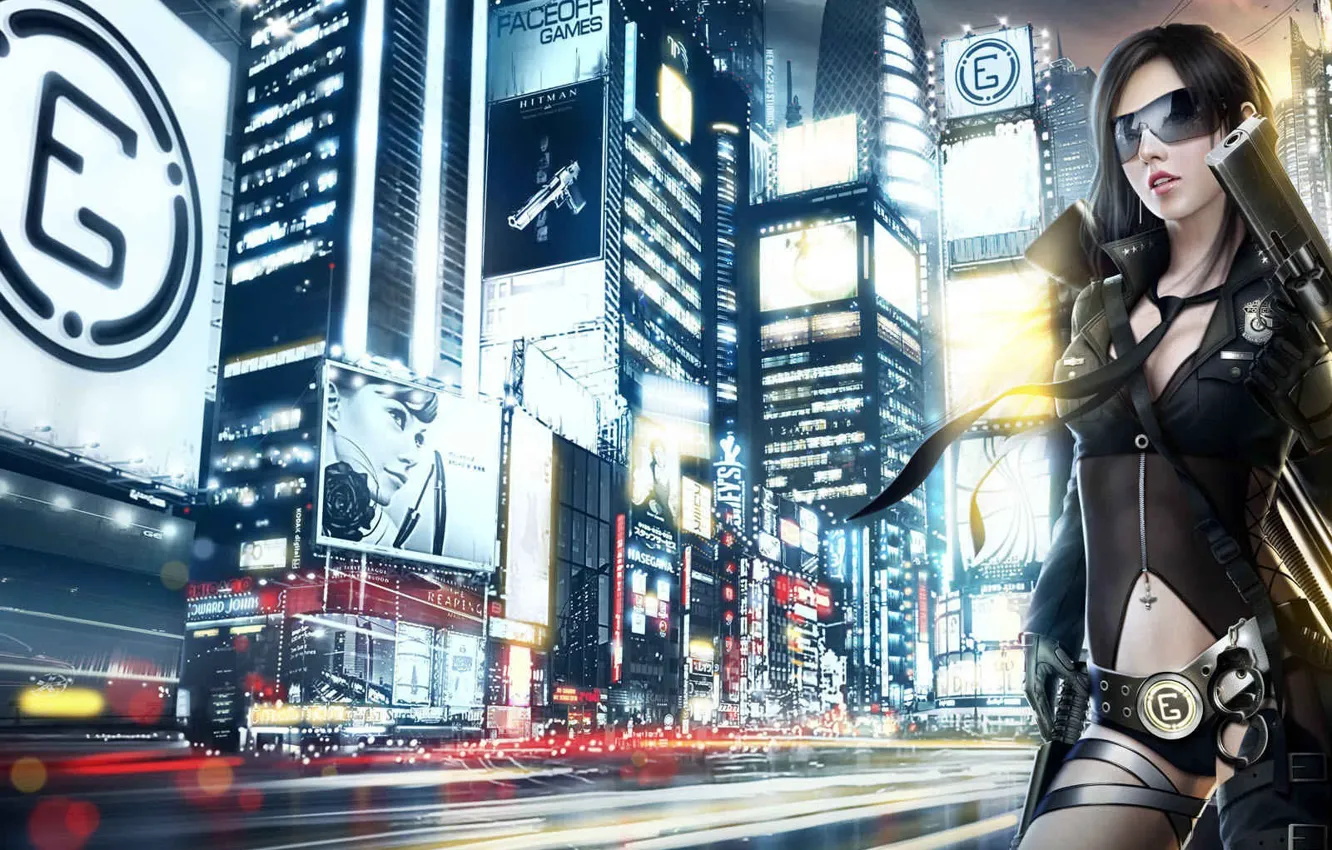 Photo wallpaper girl, lights, gun, tie