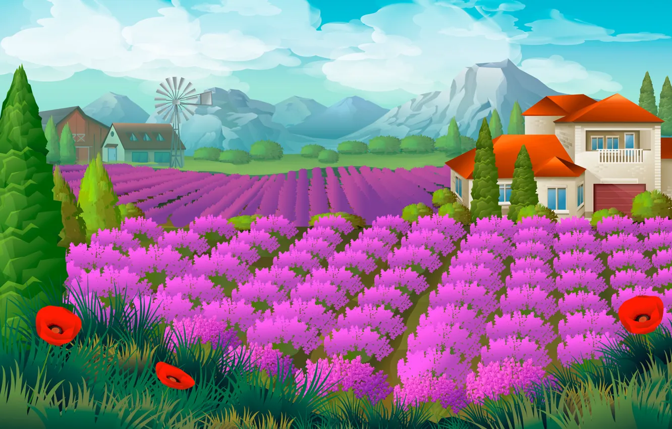 Photo wallpaper field, landscape, mountains, house, Maki, lavender