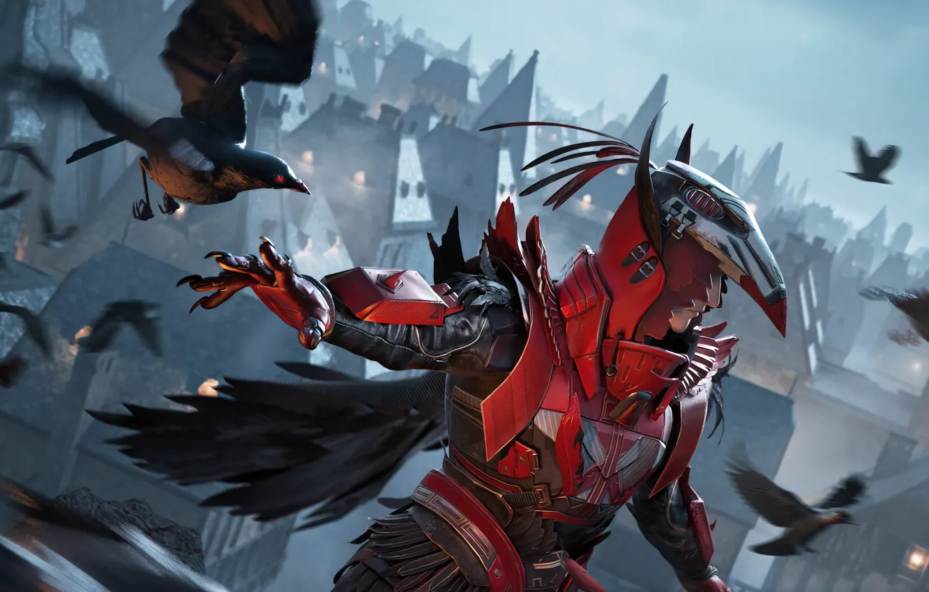 Photo wallpaper the city, the game, game, protective suit, characters, a flock of birds, Character, the roofs …