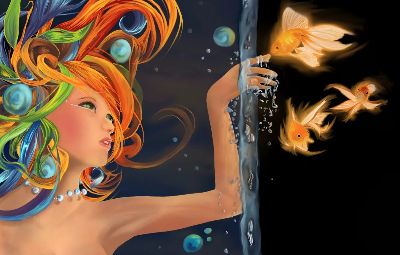 Photo wallpaper water, girl, fish, fish, bubbles, figure, hand, gold