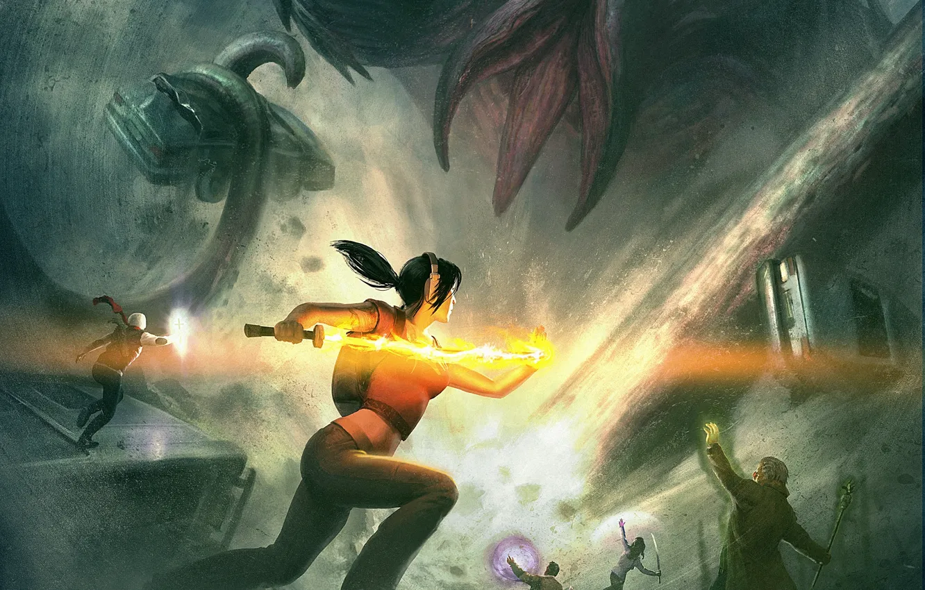 Photo wallpaper girl, storm, magic, figure, monster, battle, art, tentacles