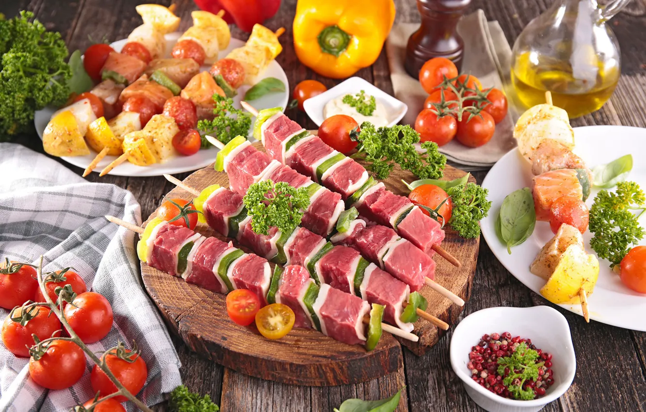 Photo wallpaper meat, tomatoes, kebab, plate, vegetables