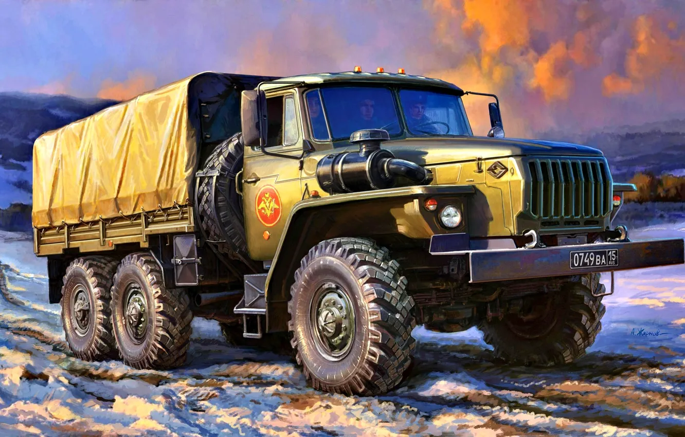 Photo wallpaper winter, snow, four-wheel drive, side, terrain, Ural-4320, truck, USSR/Russia